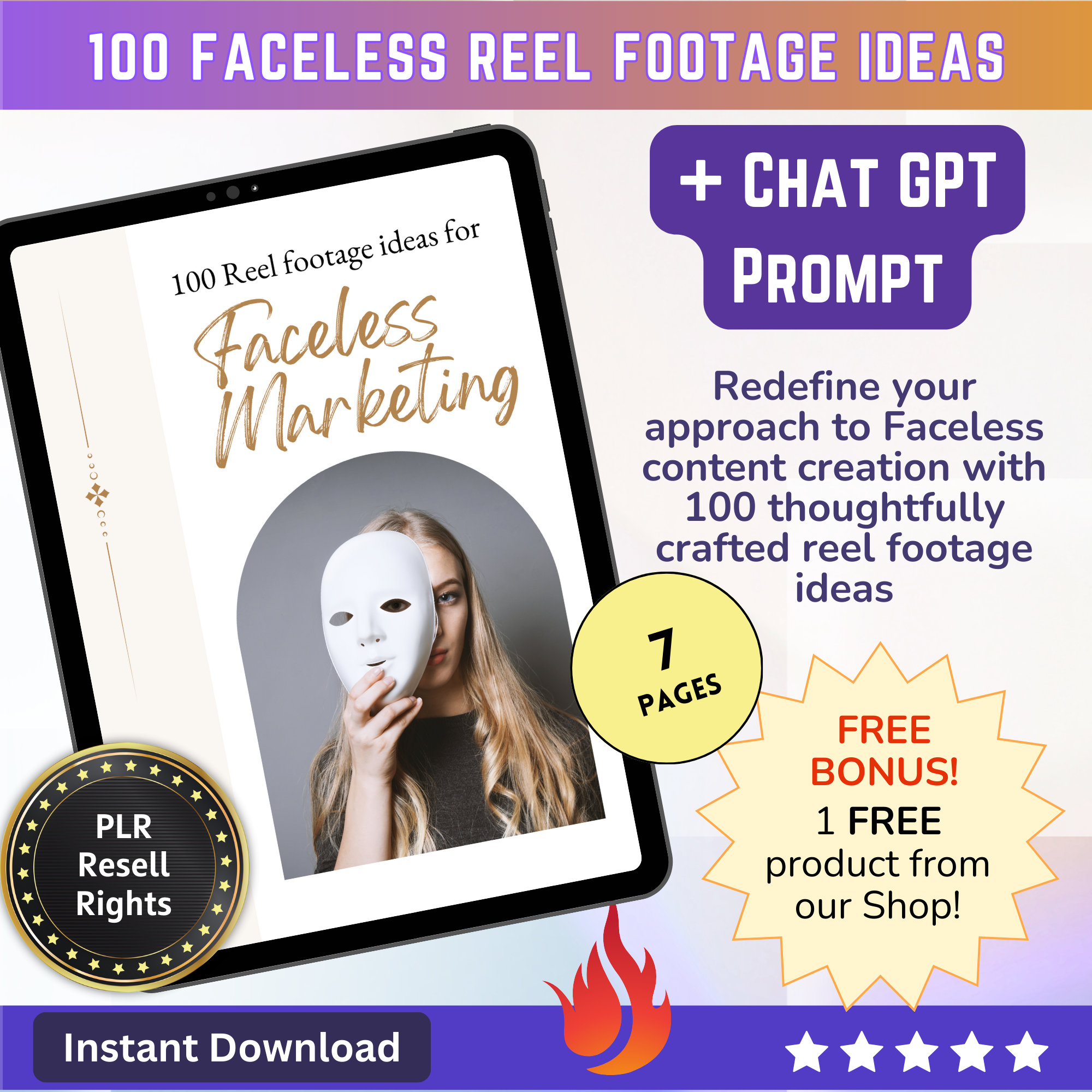 100 Faceless Instagram Reel Footage Ideas mini-EBook + Chat GPT Prompt PLR:  Anonymous Marketing + Faceless Reel ideas - Digital Creators Vault Digital  Products with MRR Master resell rights or PLR private