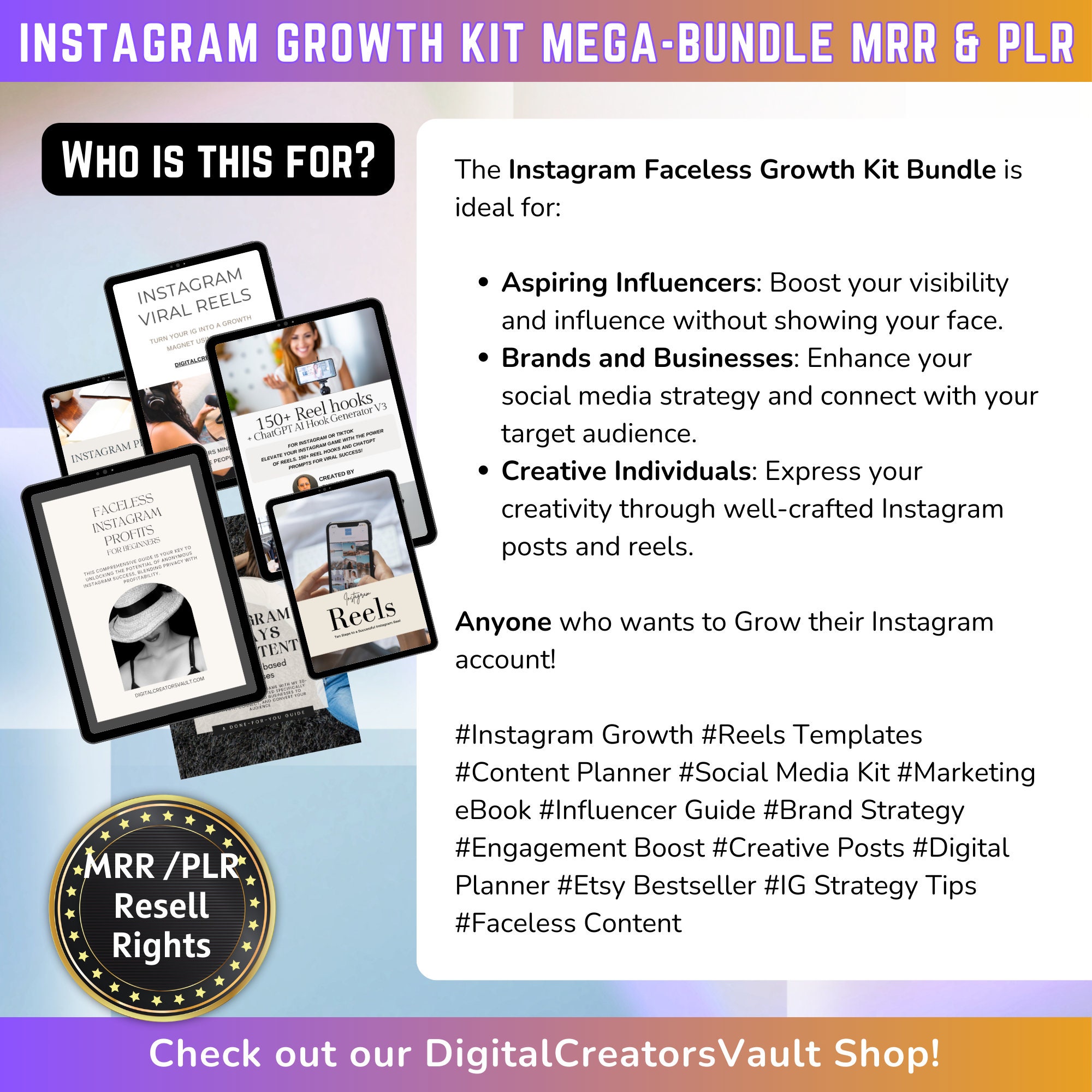 Instagram Faceless Growth Kit MEGA-Bundle: Faceless Instagram mini-guide,  Instagram Templates, Instagram Reels graphics + Planner- MRR + PLR -  Digital Creators Vault Digital Products with MRR Master resell rights or  PLR private