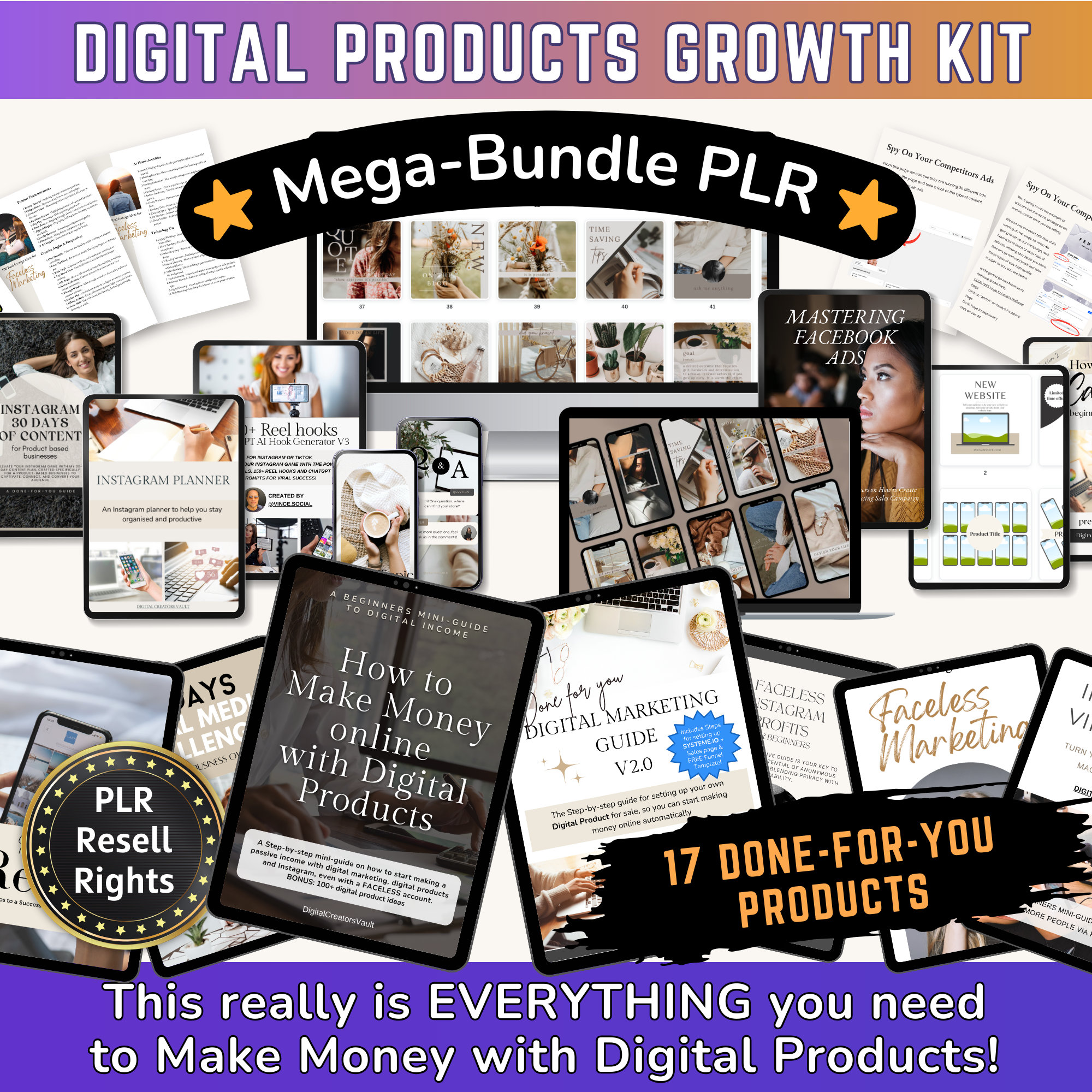Digital Products Growth KIT mega-bundle - Digital marketing - Instagram -  PLR Ebook guides - Work from home PLR resell rights passive income - Digital  Creators Vault Digital Products with MRR Master